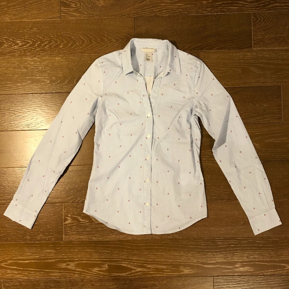🆕 White & Blue Slim Fit Collared Button Up with Cherries Print